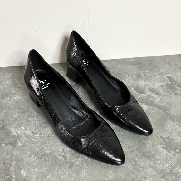 Aquatalia black leather pointed toe low block heels size 7 - Picture 1 of 7